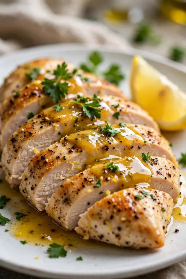 Sliced lemon pepper chicken plated with lemon pan sauce and parsley