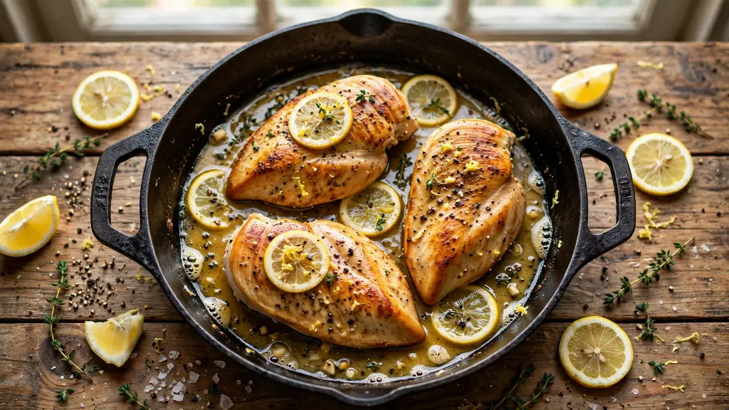 Golden lemon pepper chicken in a skillet with lemon slices and pan sauce