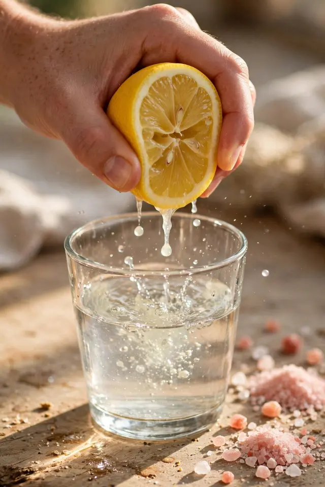 Squeezing lemon into glass for himalayan salt and lemon water recipe