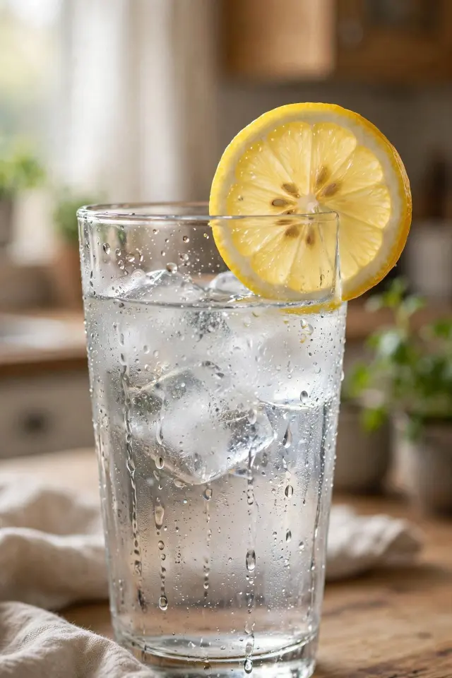 Close-up of himalayan salt and lemon water with lemon slice garnish