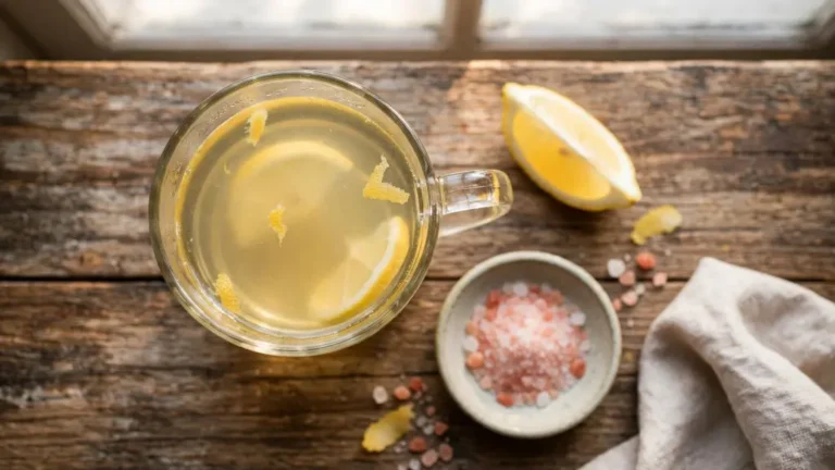 Glass of himalayan salt and lemon water with fresh lemon wedge on wooden table