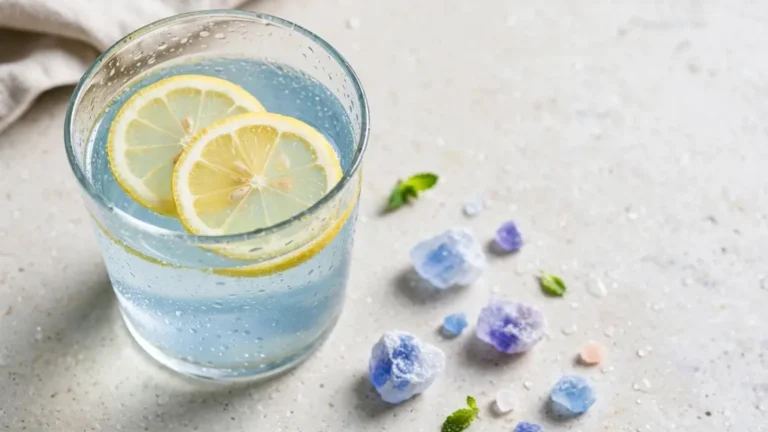 Alt Text: Blue salt trick recipe lemon water with Persian blue salt and fresh lemon