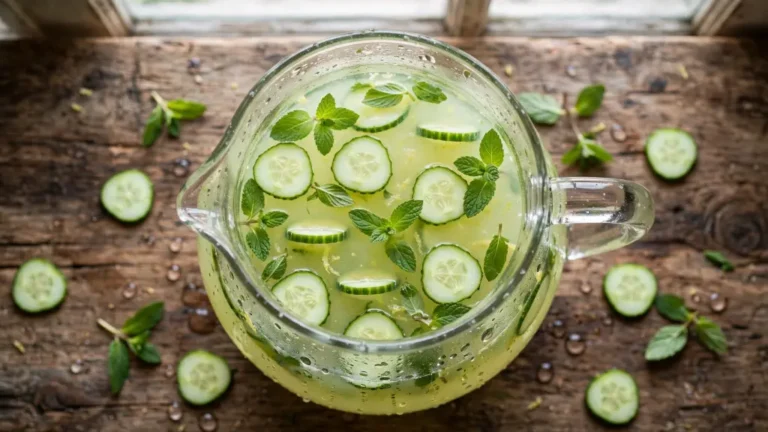 Cucumber mint lemonade in a glass pitcher with cucumber slices and mint