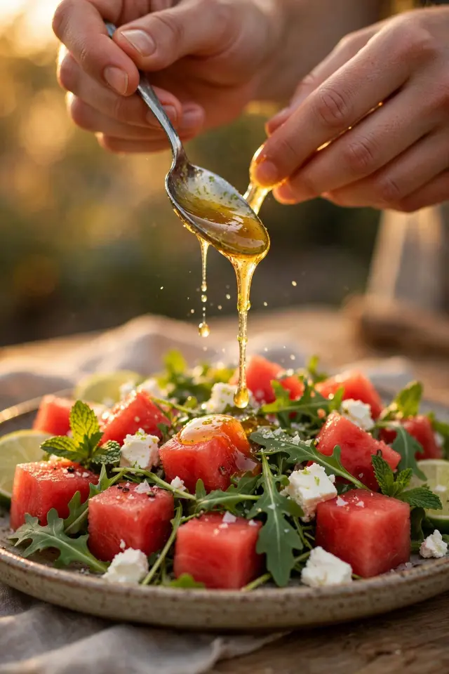 Drizzling dressing over watermelon salad with feta and arugula