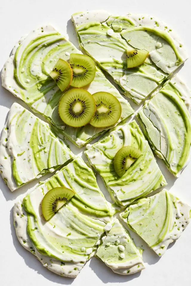 Kiwi lime frozen yogurt bark with fresh kiwi slices