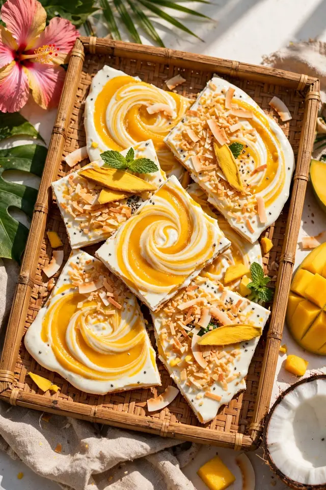 Tropical mango coconut frozen yogurt bark with toasted coconut flakes