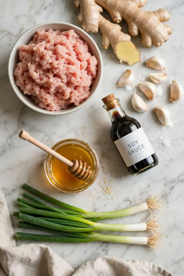 Ingredients for honey garlic ground chicken recipe laid out on counter