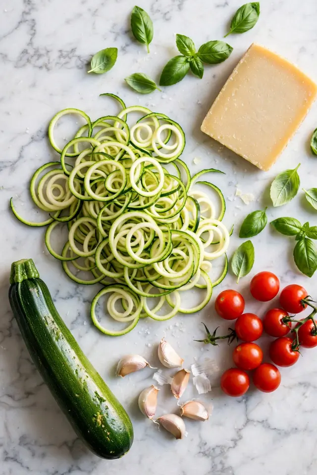 Ingredients for zucchini zoodle pasta including spiralized zucchini and parmesan