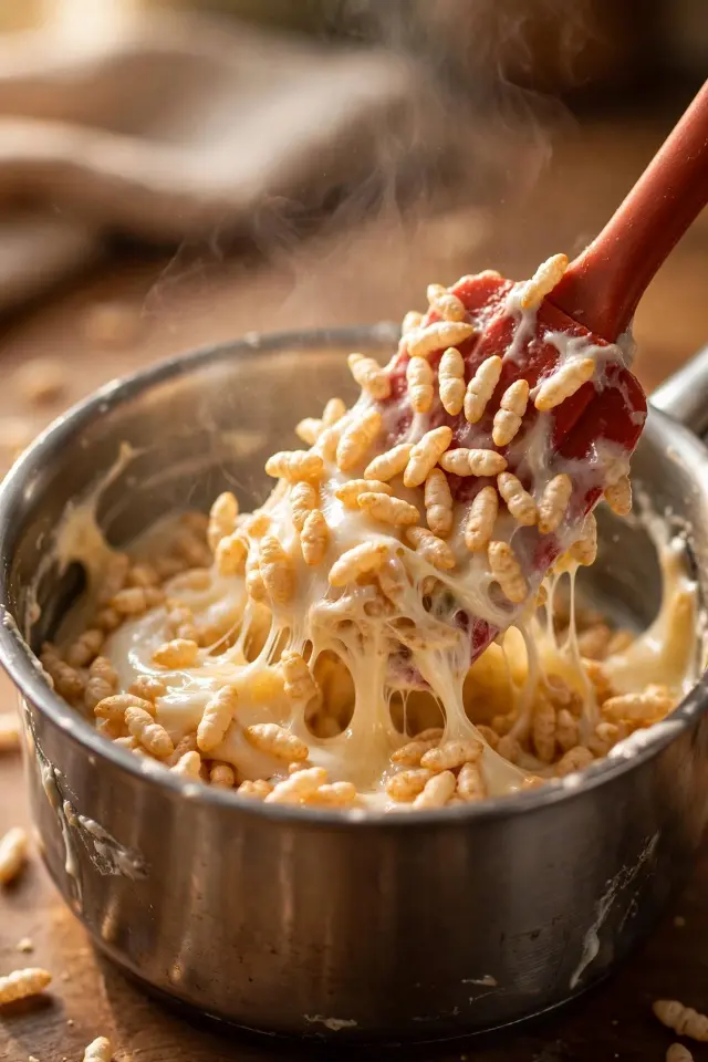 Folding cereal into melted marshmallow for a rice krispie treats recipe