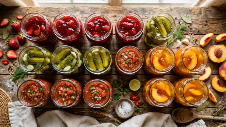 Beginner canning recipes collage of homemade jams and pickles in mason jars