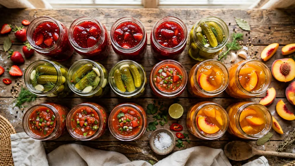Beginner canning recipes collage of homemade jams and pickles in mason jars