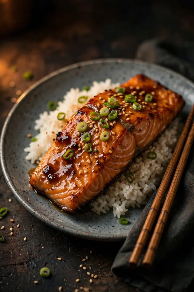 Close-up of Japanese miso salmon with pink Himalayan salt, plated