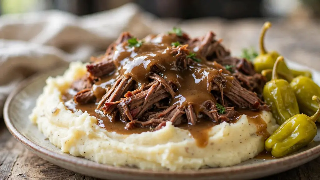 Mississippi pot roast served over mashed potatoes with gravy and pepperoncini