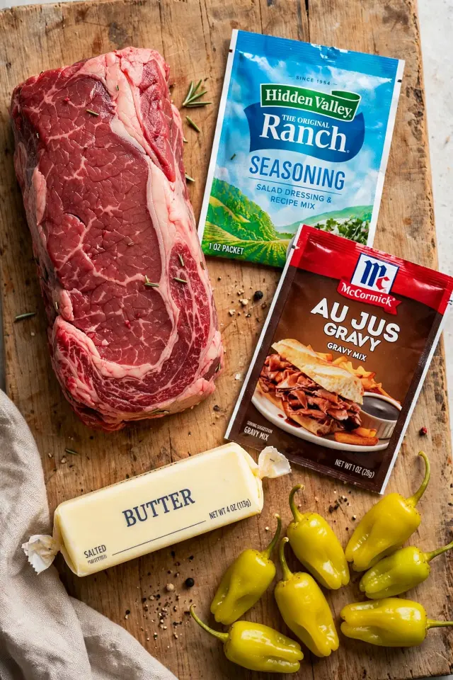 Ingredients for Mississippi pot roast including chuck roast, seasoning packets, and pepperoncini