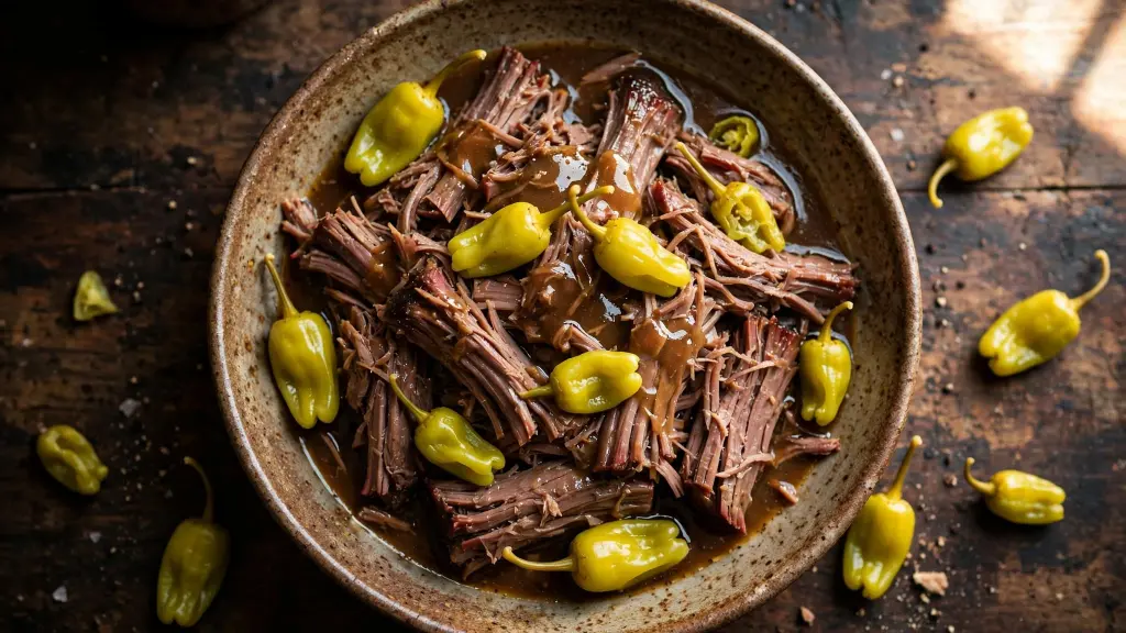 Mississippi pot roast shredded and served in gravy with pepperoncini peppers