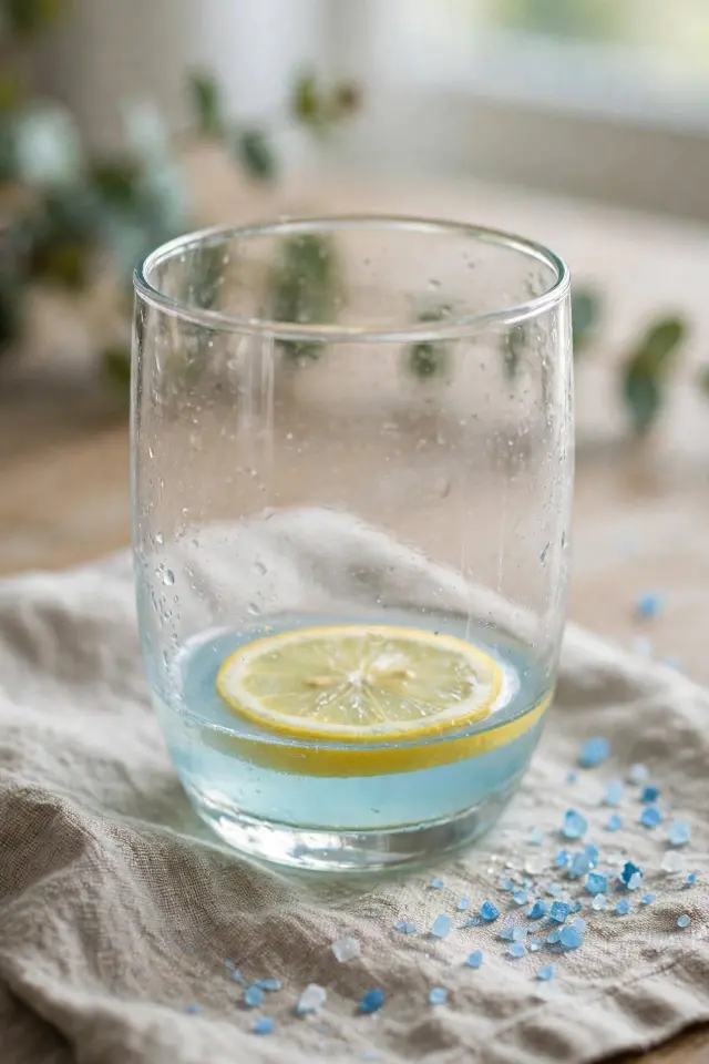 Finished blue salt trick recipe lemon water served with fresh lemon
