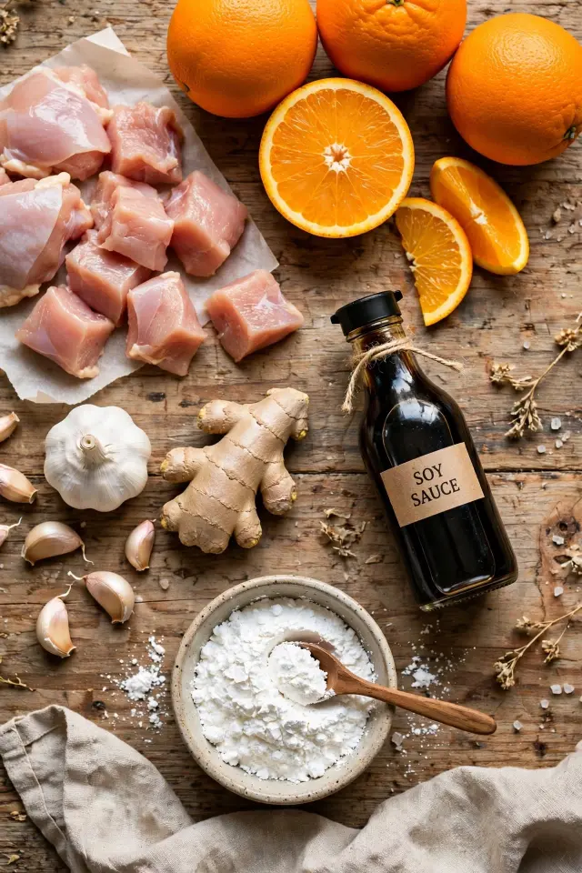 Ingredients for orange chicken recipe including chicken, oranges, soy sauce, and garlic.