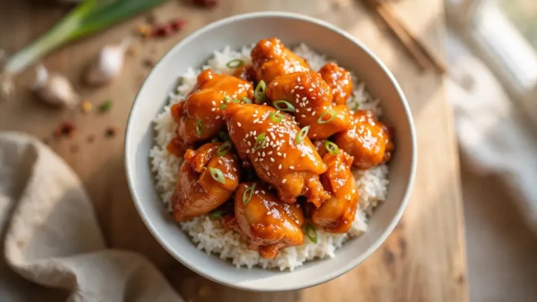 Crispy orange chicken recipe served over rice with sesame seeds and green onions.