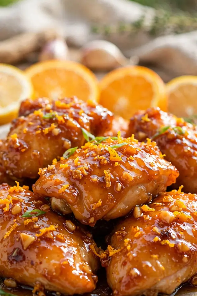 Orange honey garlic chicken glazed with fresh citrus zest