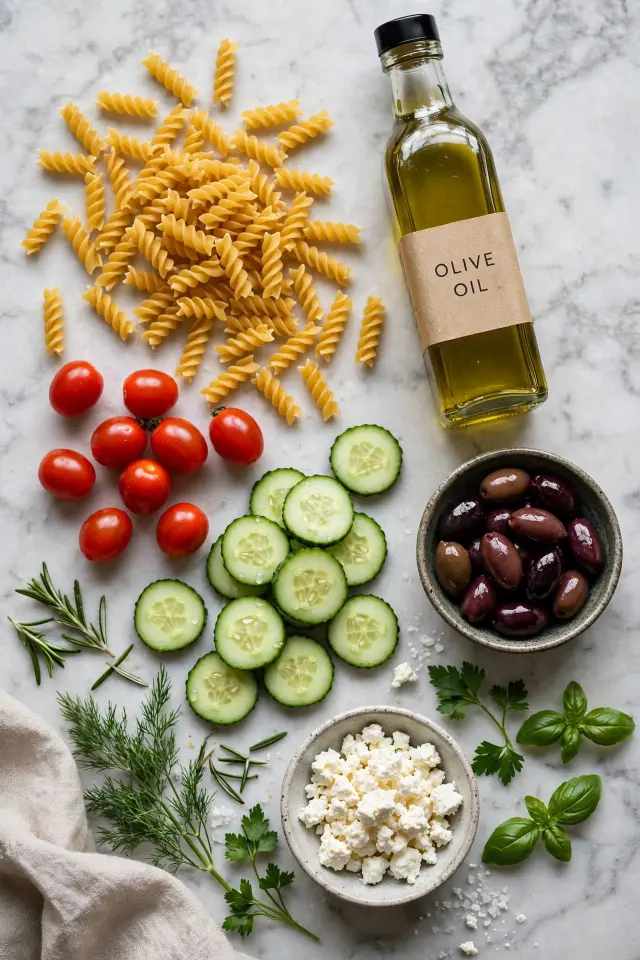 Ingredients for cold pasta salad including pasta, vegetables, and feta cheese