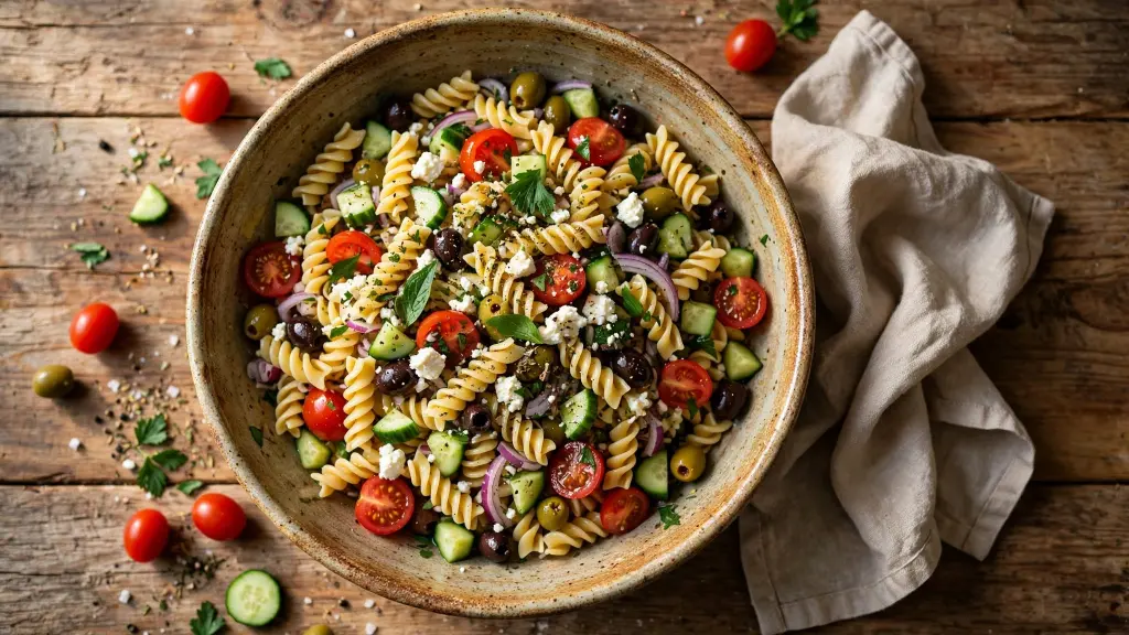 Cold pasta salad with rotini, tomatoes, cucumber, and feta in a rustic bowl
