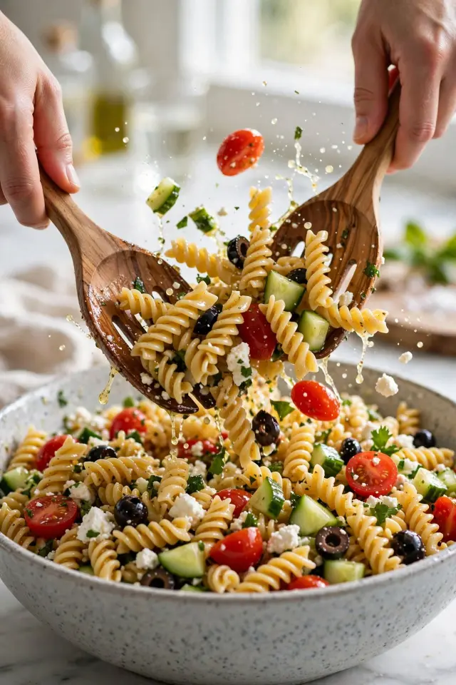 Tossing cold pasta salad with dressing in a large mixing bowl