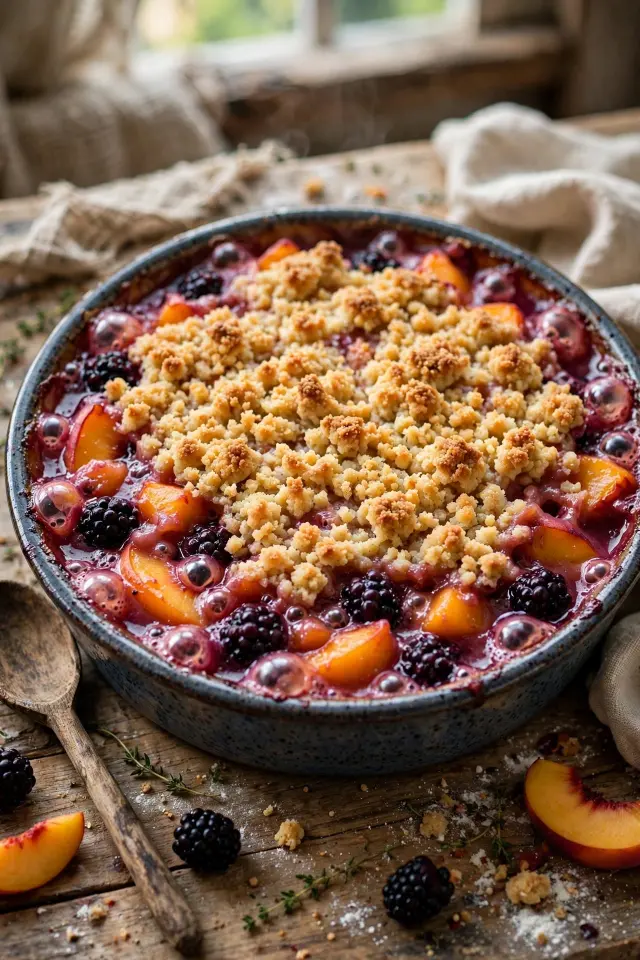 Peach and blackberry cobbler with jammy fruit filling