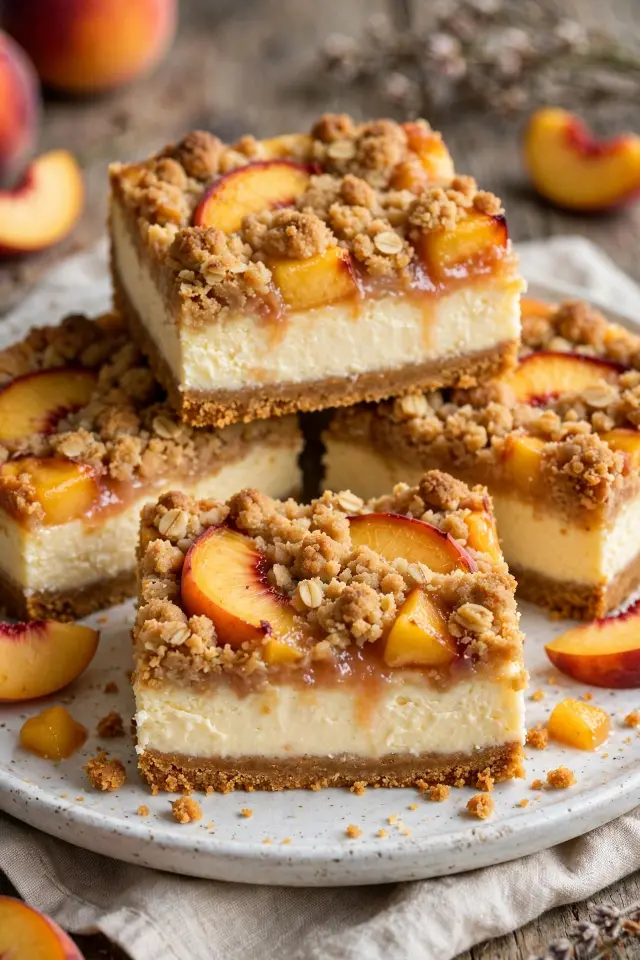 Peach cobbler cheesecake bars with crumble topping and creamy layer