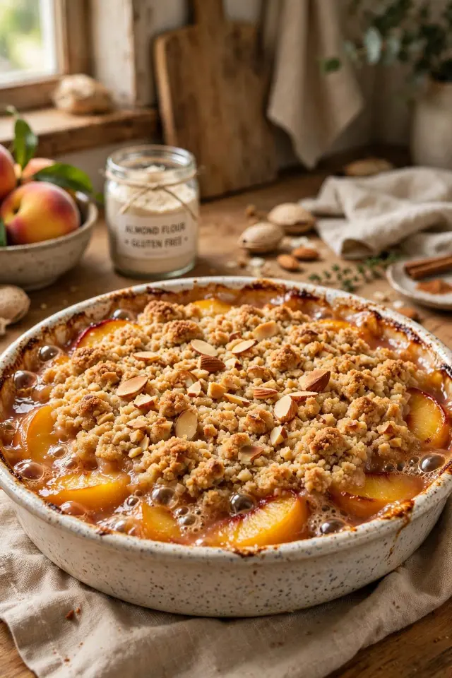Gluten-free almond flour peach cobbler with golden crumb topping