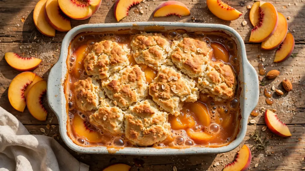 Collage of golden peach cobbler recipes bubbling in rustic baking dishes
