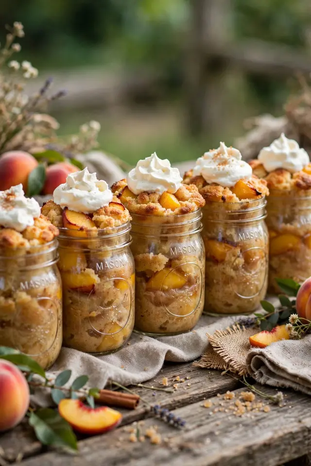 Mini peach cobblers baked in individual glass jars