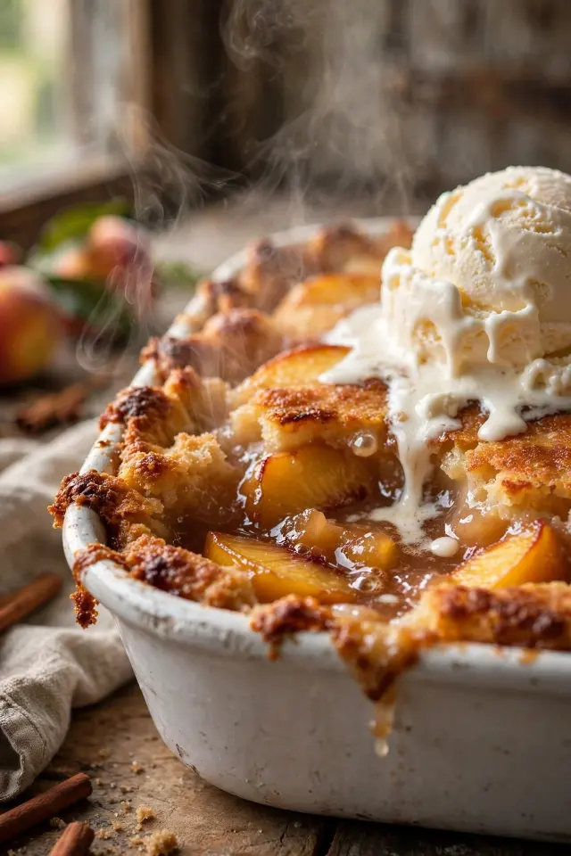 [IMAGE PLACEHOLDER: Close-up of classic Southern peach cobbler in a baking dish]
Image Prompt: Close-up side angle of golden Southern peach cobbler in a white ceramic dish, crisp caramelized edges, steam rising, scoop of vanilla ice cream melting on top
Alt Text: Classic Southern peach cobbler with golden crust and melting ice cream