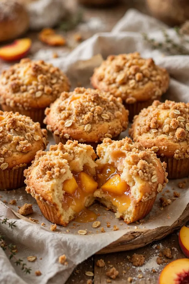 Peach cobbler muffins with streusel topping and peach filling