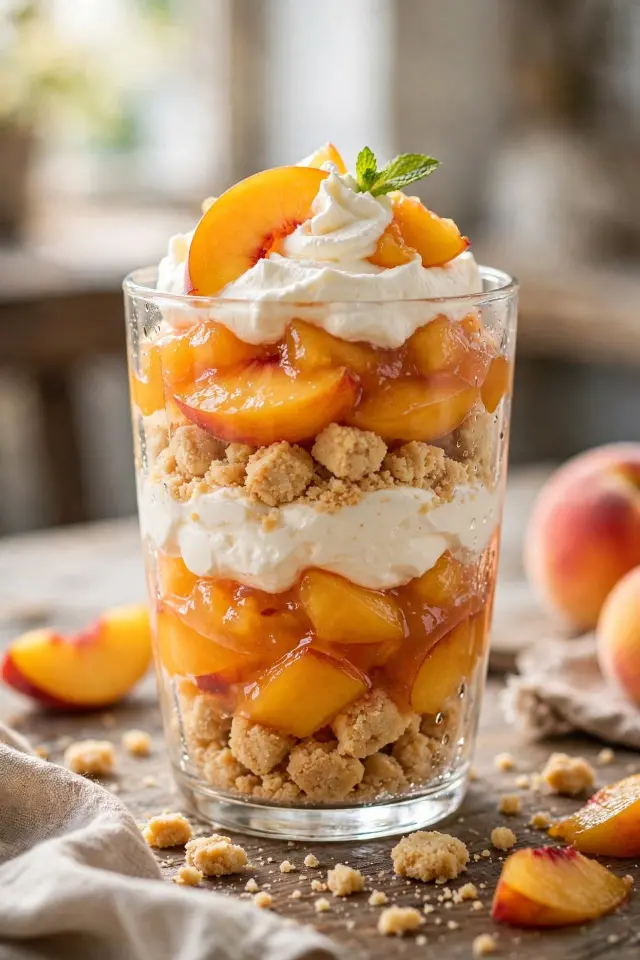 No-bake peach cobbler parfait with layered peaches and cream