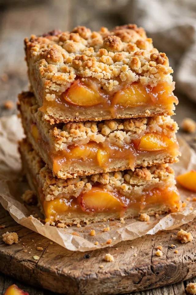 Sliced peach cobbler bars with crumb topping and peach filling