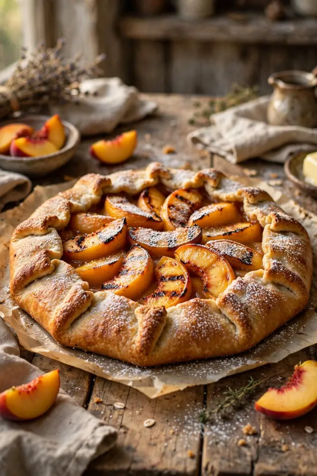 Rustic grilled peach galette with golden crust