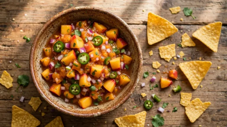 Fresh peach salsa recipe in a bowl with tortilla chips on a wooden table