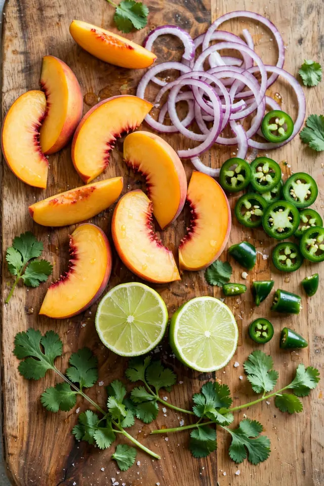  Ingredients for fresh peach salsa recipe including peaches, lime, and jalapeño