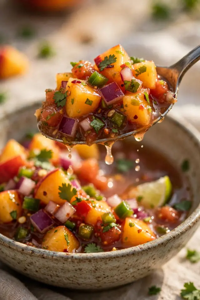Close-up of fresh peach salsa recipe showing diced peaches and herbs