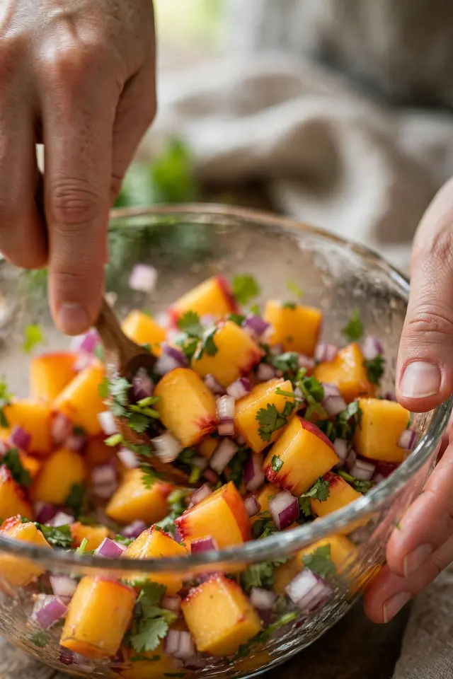 Mixing fresh peach salsa ingredients in a glass bowl