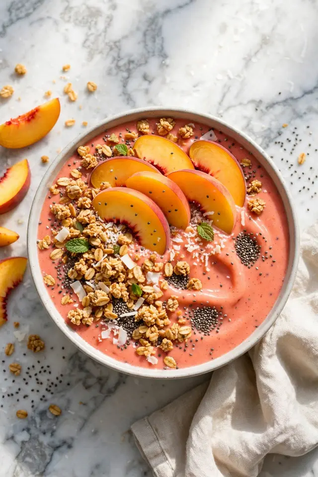 Grilled peach smoothie bowl with granola topping