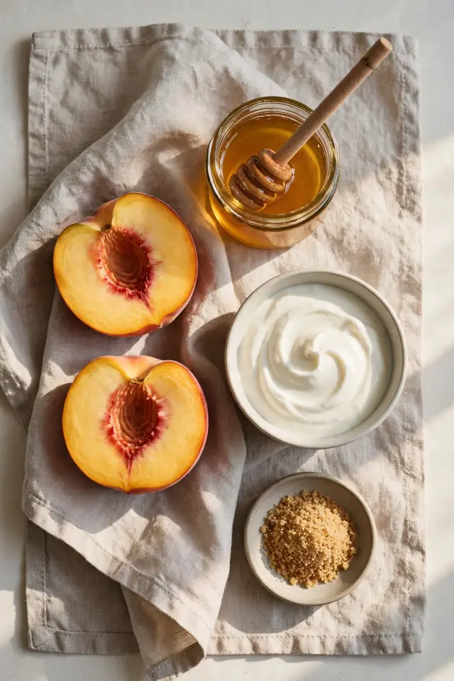 Ingredients for grilled peaches with honey yogurt laid out on a counter