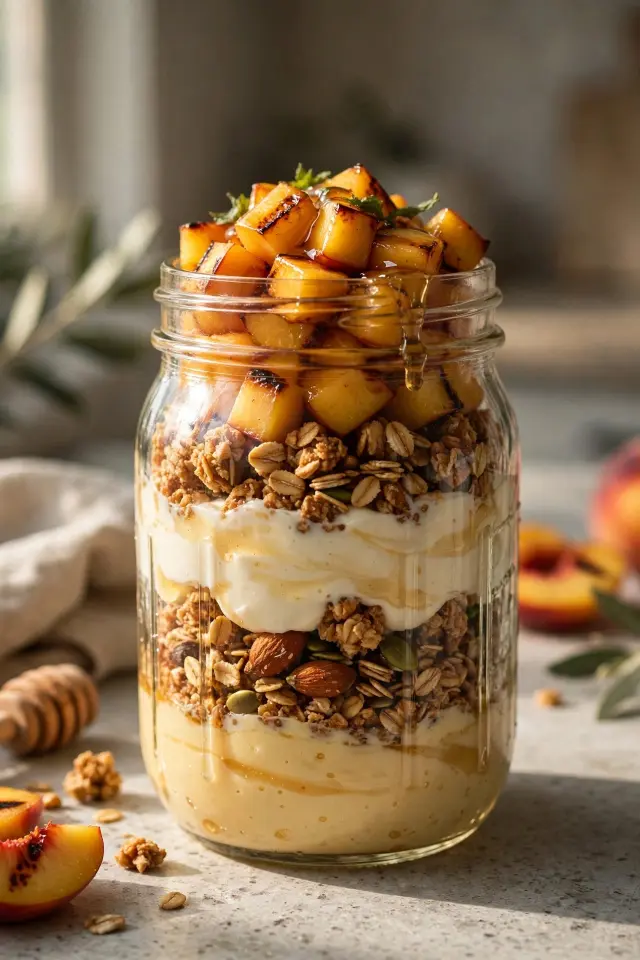 Grilled peach honey yogurt parfait layered in a glass