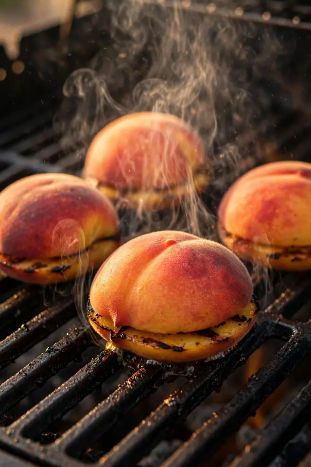 Peach halves grilling cut-side down with caramelized char marks