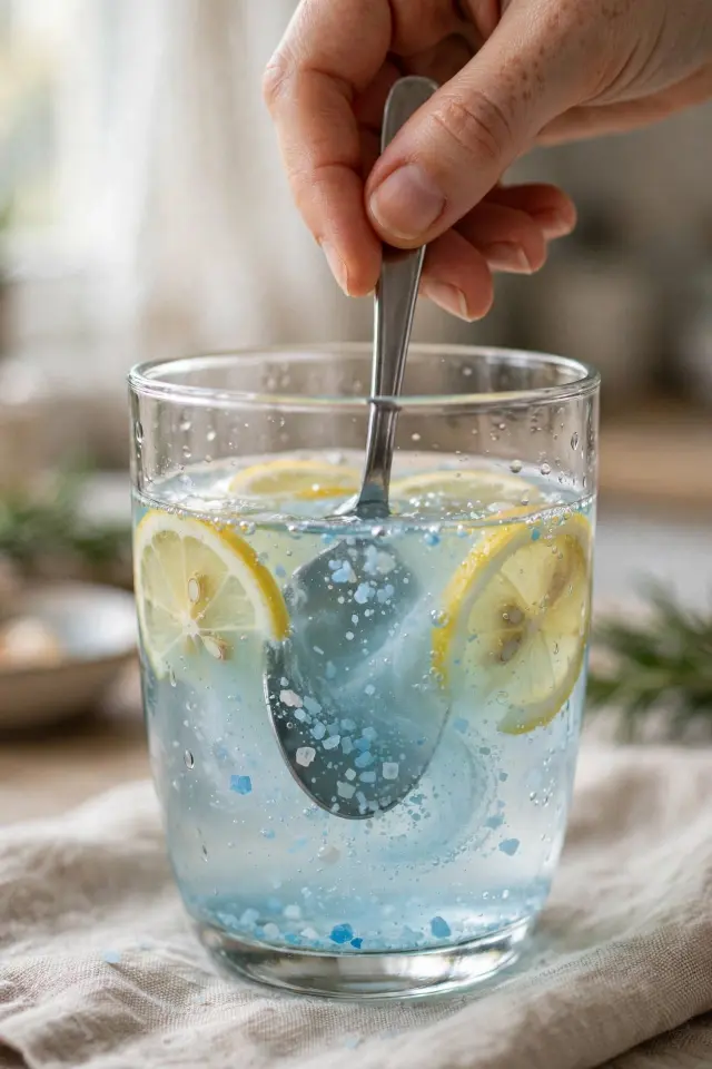 Stirring Persian blue salt into lemon water for the blue salt trick recipe