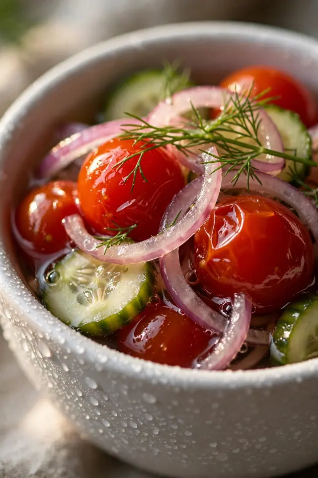 Close-up of pickled cherry tomatoes onion cucumber ready to serve