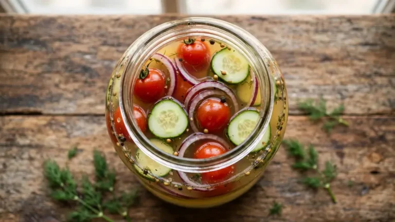 Jar of pickled cherry tomatoes onion cucumber on a wooden table