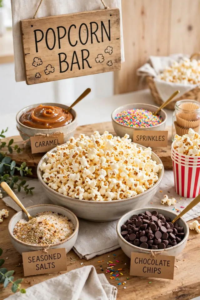 Movie night popcorn bar as a sleepover snack idea