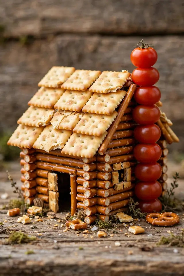 Pretzel log cabin food art idea for kids