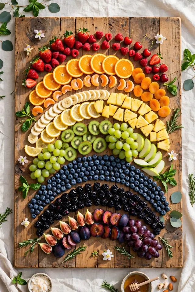 Rainbow fruit skewers, a colorful fruit platter for kids idea